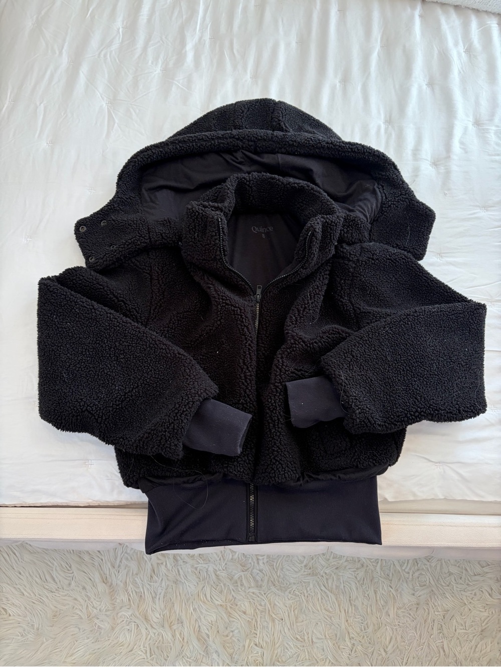 Quince Black Sherpa Hooded Bomber Jacket